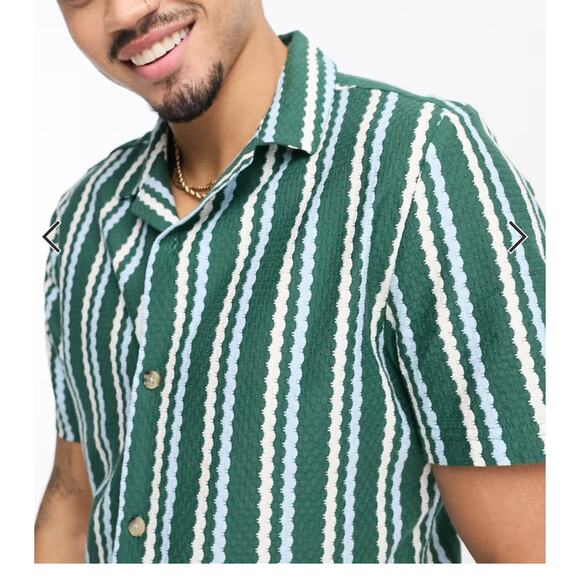 ASOS DESIGN Green Knitted Stripe Revere Shirt Medium - Picture 1 of 10